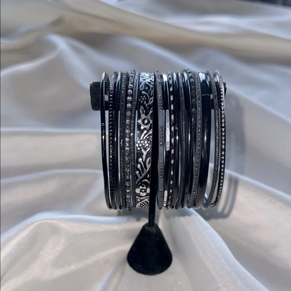 Trendy Black Dark Gray Bangle Stack Set Silver Accents 18 Pieces